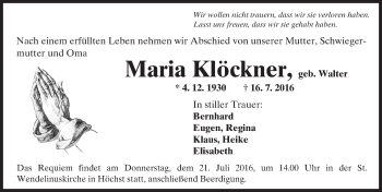 Traueranzeige von Maria Klöckner von  Gelnhäuser Tageblatt