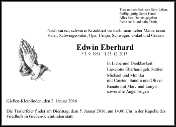 Traueranzeige von Edwin Eberhard von  Gießener Anzeiger