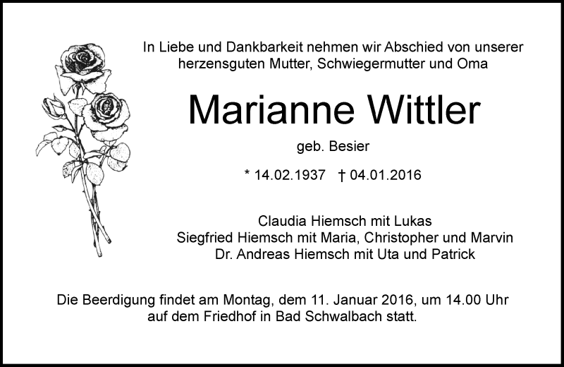  Traueranzeige für Marianne Wittler vom 09.01.2016 aus  WK-UTA/Aar-Bote