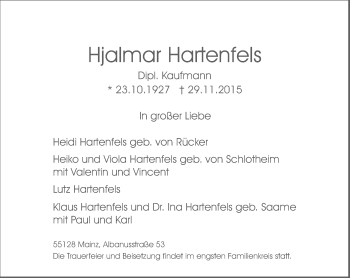 Traueranzeige von Hjalmar Hartenfels von  Allgemeine Zeitung Mainz