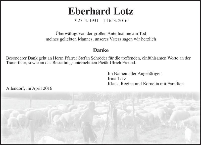  Traueranzeige für Eberhard Lotz vom 09.04.2016 aus  Gießener Anzeiger