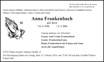 Traueranzeige von Anna Frankenbach von  Allgemeine Zeitung Mainz