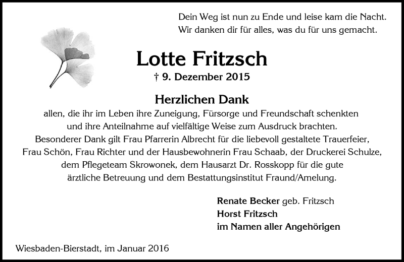  Traueranzeige für Lotte Fritzsch vom 16.01.2016 aus  Wiesbaden komplett