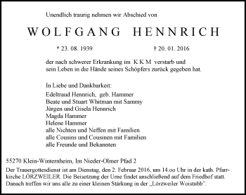 Traueranzeige von Wolfgang Hennrich von  Allgemeine Zeitung Mainz