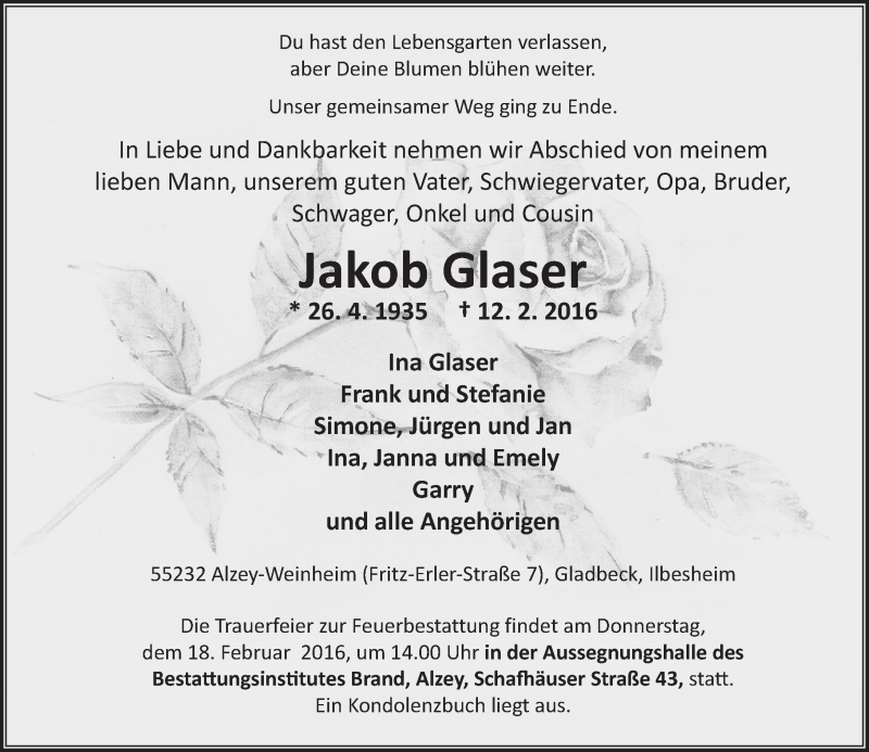  Traueranzeige für Jakob Glaser vom 13.02.2016 aus  Allgemeine Zeitung Alzey