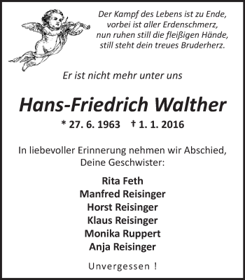 Traueranzeige von Hans-Friedrich Walther von  Allgemeine Zeitung Alzey