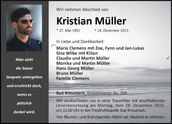 Traueranzeige von Kristian Müller von  Allg. Zeitung Bad Kreuznach