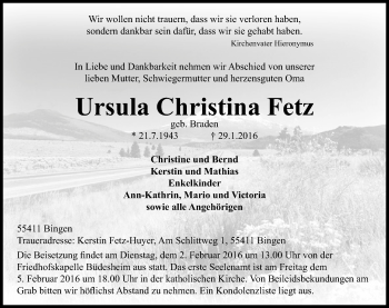 Traueranzeige von Ursula Christina Fetz von  Allgemeine  Zeitung Ingelheim-Bingen