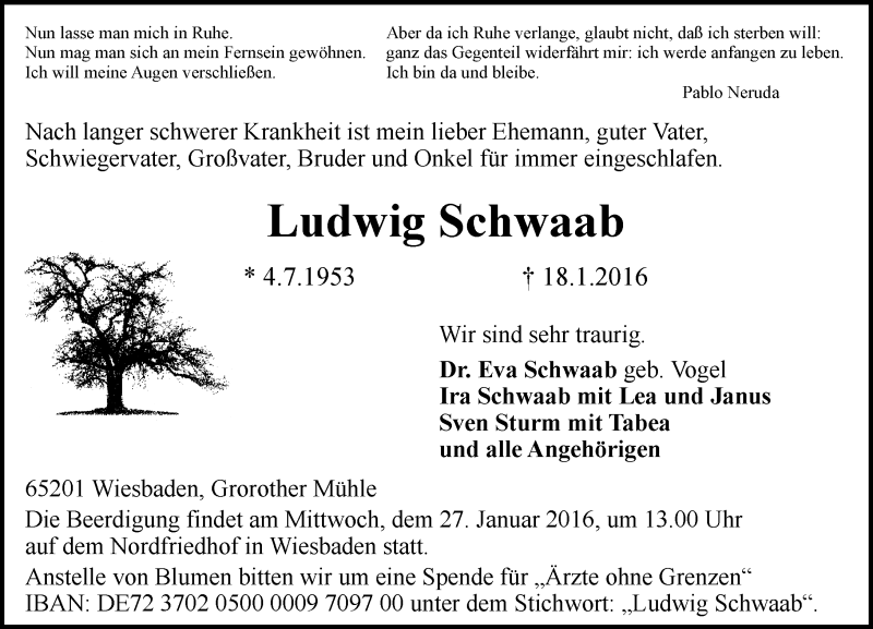  Traueranzeige für Ludwig Schwaab vom 23.01.2016 aus  Wiesbaden komplett