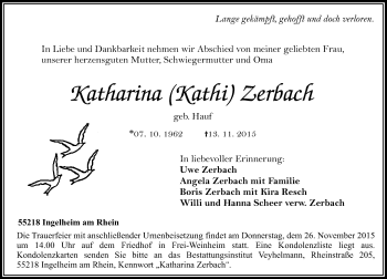 Traueranzeige von Katharina Zerbach von  Allgemeine  Zeitung Ingelheim-Bingen