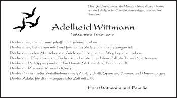 Traueranzeige von Adelheid Wittmann von  WK-UTA/Aar-Bote