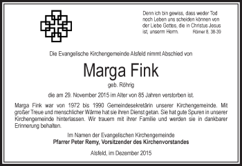 Traueranzeige von Marga Fink von VRM Trauer