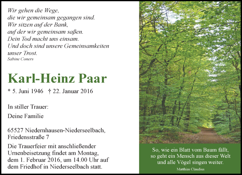  Traueranzeige für Karl-Heinz Paar vom 27.01.2016 aus  Idsteiner Zeitung