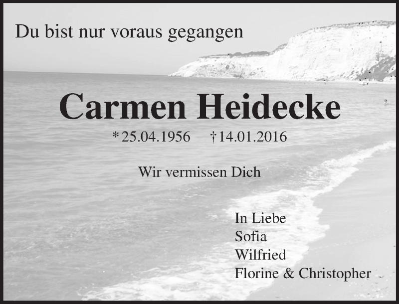  Traueranzeige für Carmen Heidecke vom 23.01.2016 aus  Kreisanzeiger