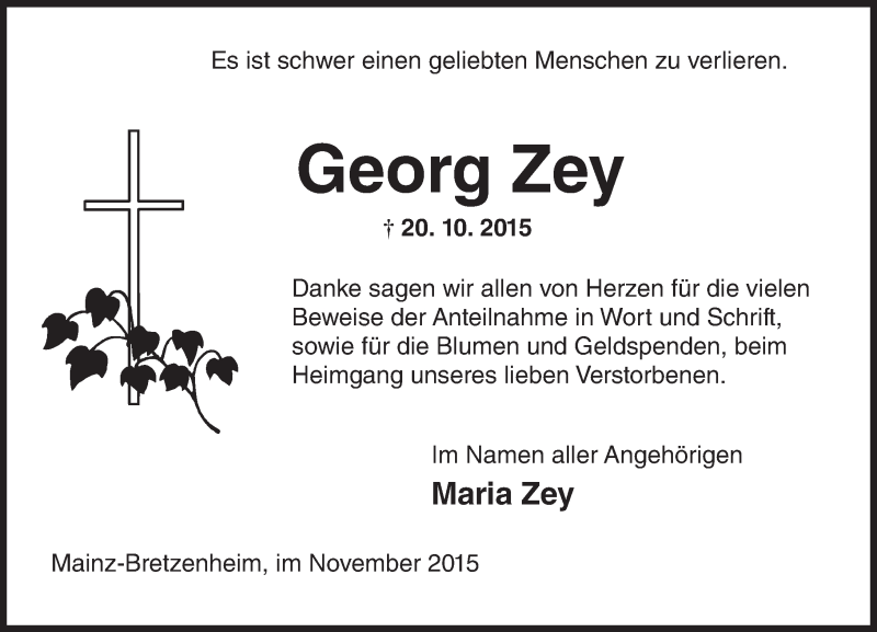  Traueranzeige für Georg Zey vom 14.11.2015 aus  Allgemeine Zeitung Mainz