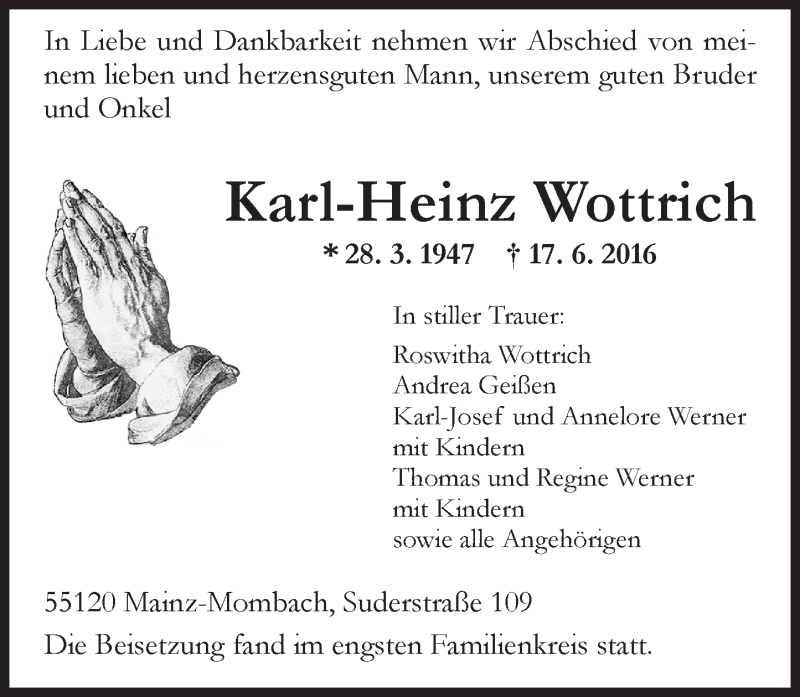  Traueranzeige für Karl-Heinz Wottrich vom 02.07.2016 aus Trauerportal Rhein Main Presse