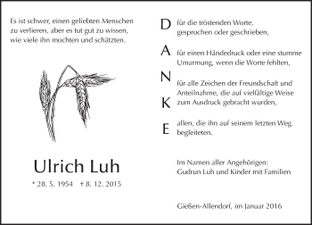 Traueranzeige von Ulrich Luh von  Gießener Anzeiger