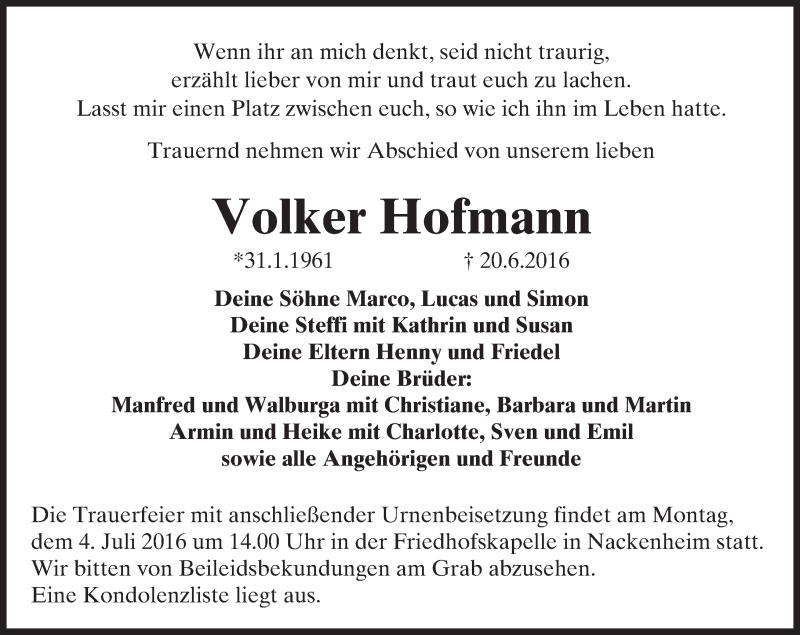  Traueranzeige für Volker Hofmann vom 02.07.2016 aus Trauerportal Rhein Main Presse