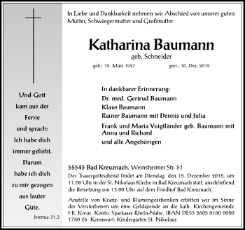 Traueranzeige von Katharina Baumann von  Allg. Zeitung Bad Kreuznach