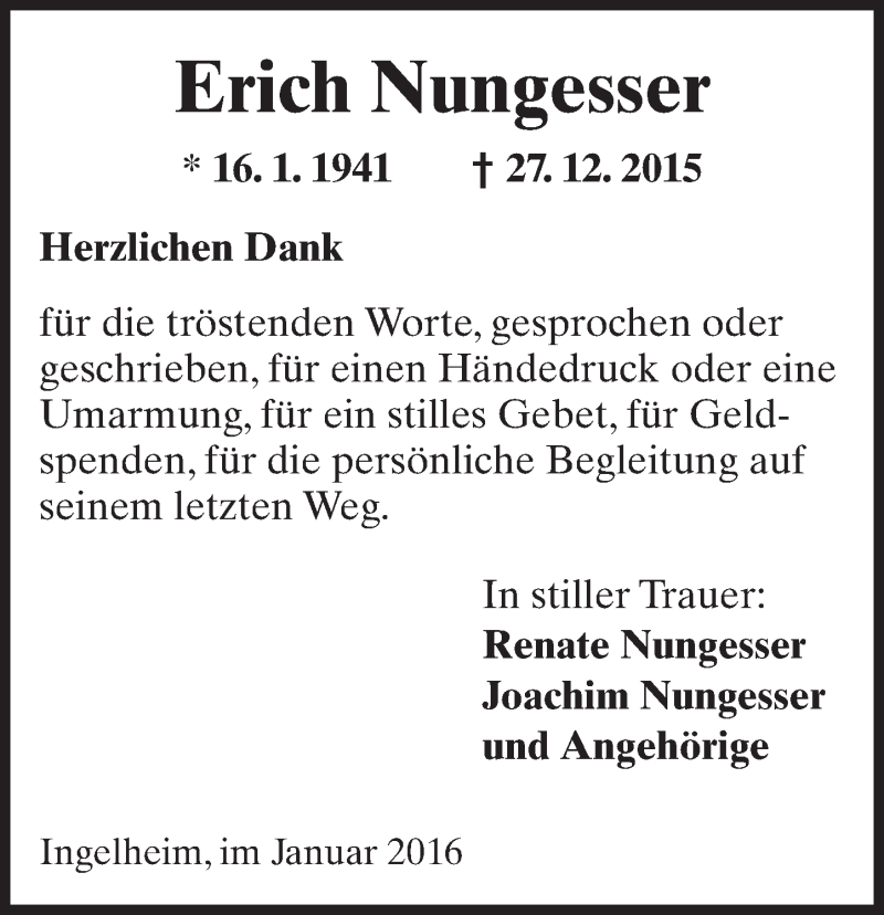  Traueranzeige für Erich Nungesser vom 30.01.2016 aus  Allgemeine  Zeitung Ingelheim-Bingen