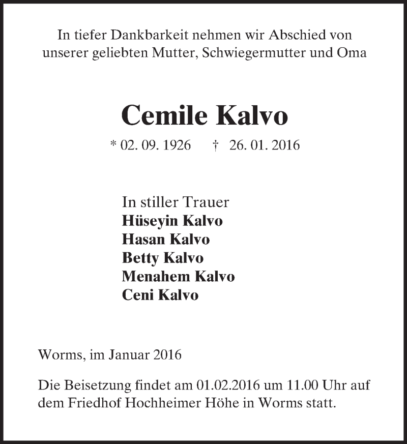  Traueranzeige für Cemile Kalvo vom 30.01.2016 aus  Wormser Zeitung
