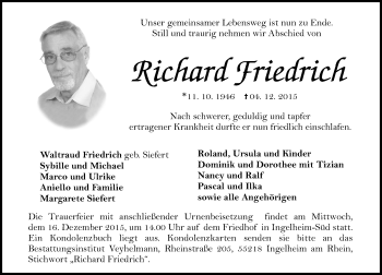 Traueranzeige von Richard Friedrick von  Allgemeine  Zeitung Ingelheim-Bingen