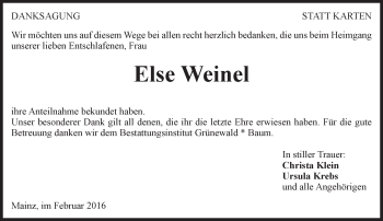 Traueranzeige von Else Weinel von  Allgemeine Zeitung Mainz