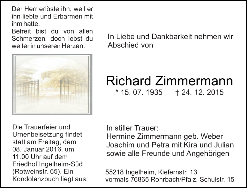  Traueranzeige für Richard Zimmermann vom 02.01.2016 aus  Allgemeine  Zeitung Ingelheim-Bingen