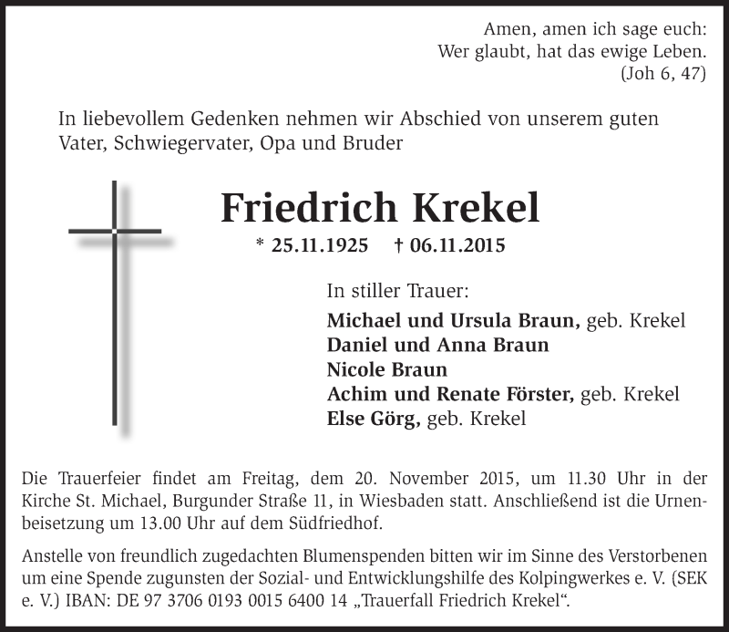  Traueranzeige für Friedrich Krekel vom 14.11.2015 aus  Wiesbaden komplett