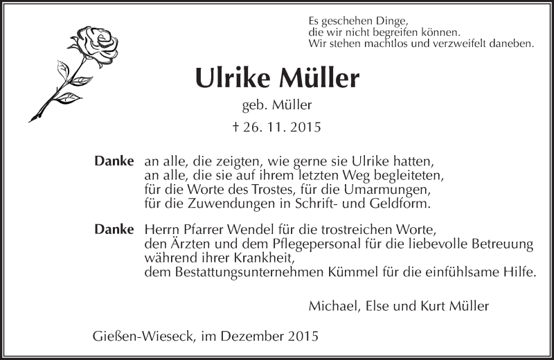  Traueranzeige für Ulrike Müller vom 12.12.2015 aus  Gießener Anzeiger