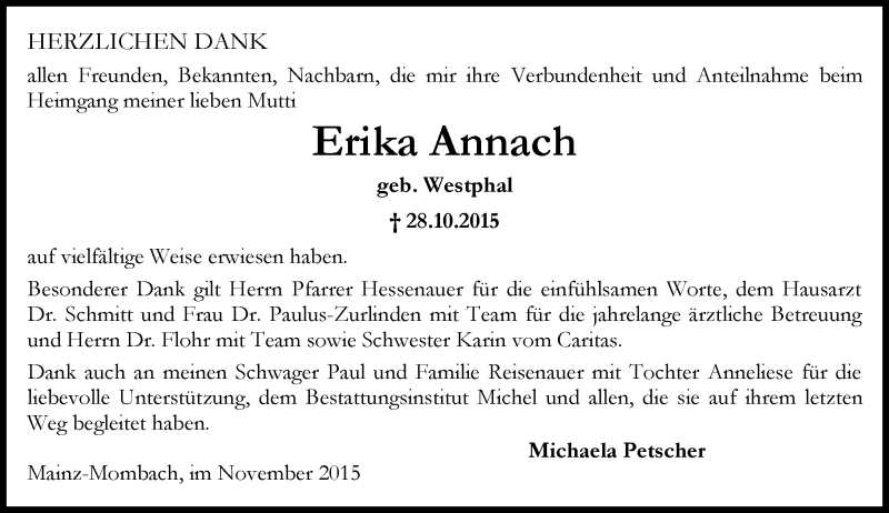  Traueranzeige für Erika Annach vom 14.11.2015 aus  Allgemeine Zeitung Mainz
