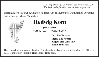 Traueranzeige von Hedwig Korn von  Wormser Zeitung