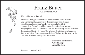 Traueranzeige von Franz Bauer von  Wiesbaden komplett