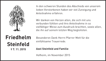 Traueranzeige von Friedhelm Steinfeld von  Bürstädter Zeitung