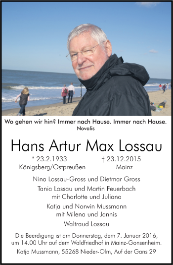Traueranzeige von Hans Artur Max Lossau von  Allgemeine Zeitung Mainz