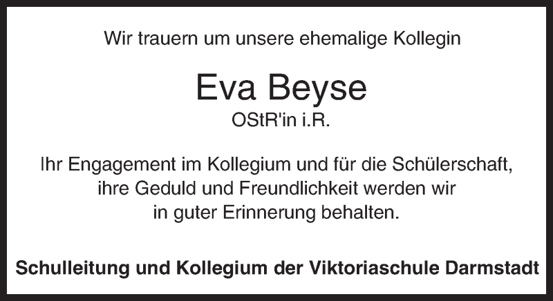  Traueranzeige für Eva Beyse vom 16.07.2016 aus Trauerportal Echo Online