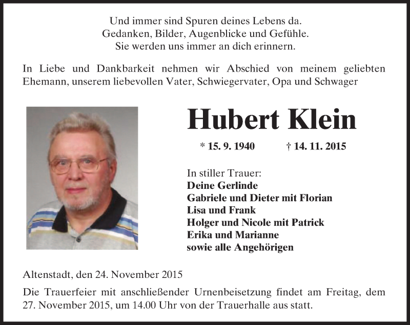  Traueranzeige für Hubert Klein vom 24.11.2015 aus  Kreisanzeiger