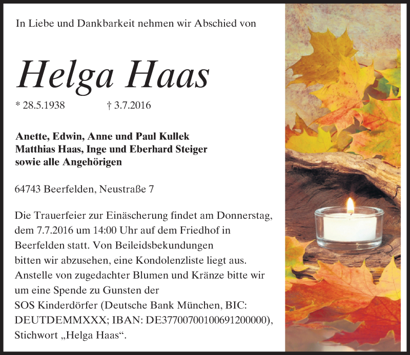  Traueranzeige für Helga Haas vom 05.07.2016 aus Trauerportal Echo Online
