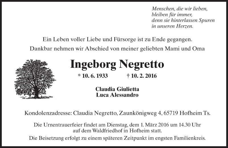  Traueranzeige für Ingeborg Negretto vom 19.02.2016 aus  Hofheimer Zeitung
