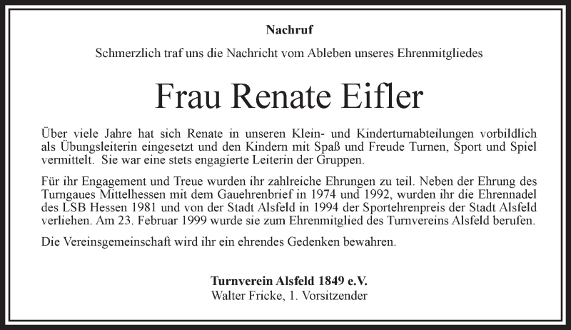  Traueranzeige für Renate Eifler vom 16.01.2016 aus VRM Trauer