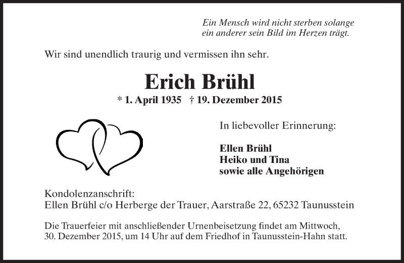  Traueranzeige für Erich Brühl vom 28.12.2015 aus  WK-UTA/Aar-Bote