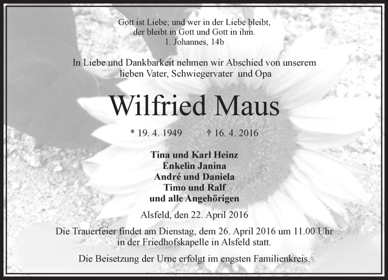  Traueranzeige für Wilfried Maus vom 22.04.2016 aus VRM Trauer