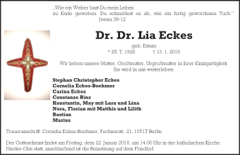 Traueranzeige von Lia Eckes von  Allgemeine Zeitung Mainz