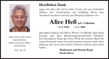 Traueranzeige von Alice Heß von  Sonntags Anzeiger