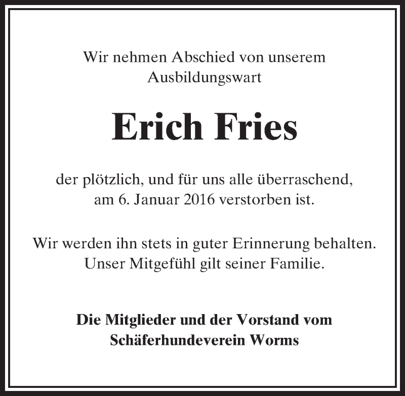  Traueranzeige für Erich Fries vom 15.01.2016 aus  Wormser Zeitung