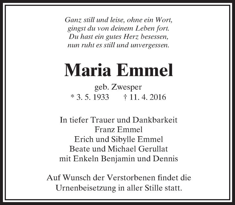  Traueranzeige für Maria Emmel vom 21.04.2016 aus  Camberger Anzeiger