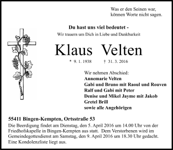 Traueranzeige von Klaus Velten von  Allgemeine  Zeitung Ingelheim-Bingen
