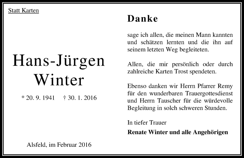  Traueranzeige für Hans-Jürgen Winter vom 27.02.2016 aus  OK Oberhessen Kurier