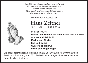 Traueranzeige von Hans Zehner von Trauerportal Echo Online