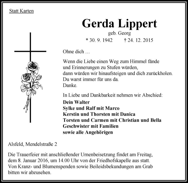  Traueranzeige für Gerda Lippert vom 05.01.2016 aus VRM Trauer